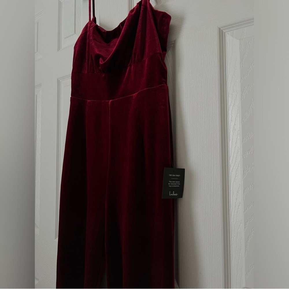 Lulu's - Red Velvet Wide-leg Jumpsuit - Size Small - Picture 4 of 8